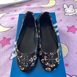 Tory Burch Black Spring Ballet Flats with Yellow & Purple Flowers